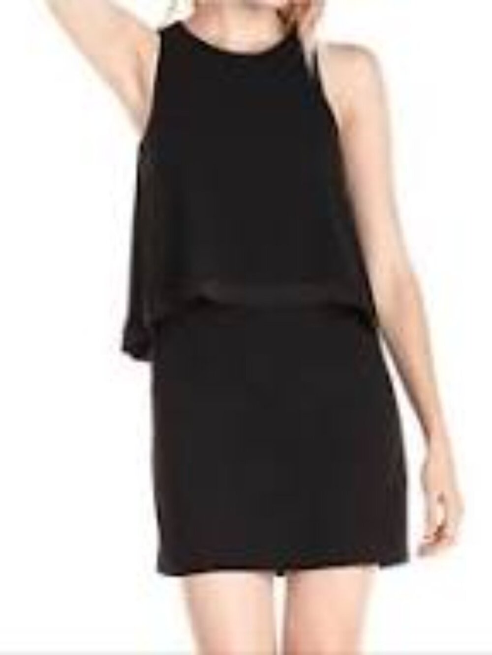 Ann Taylor Black Sleeveless Midi Dress with Layered Overlay